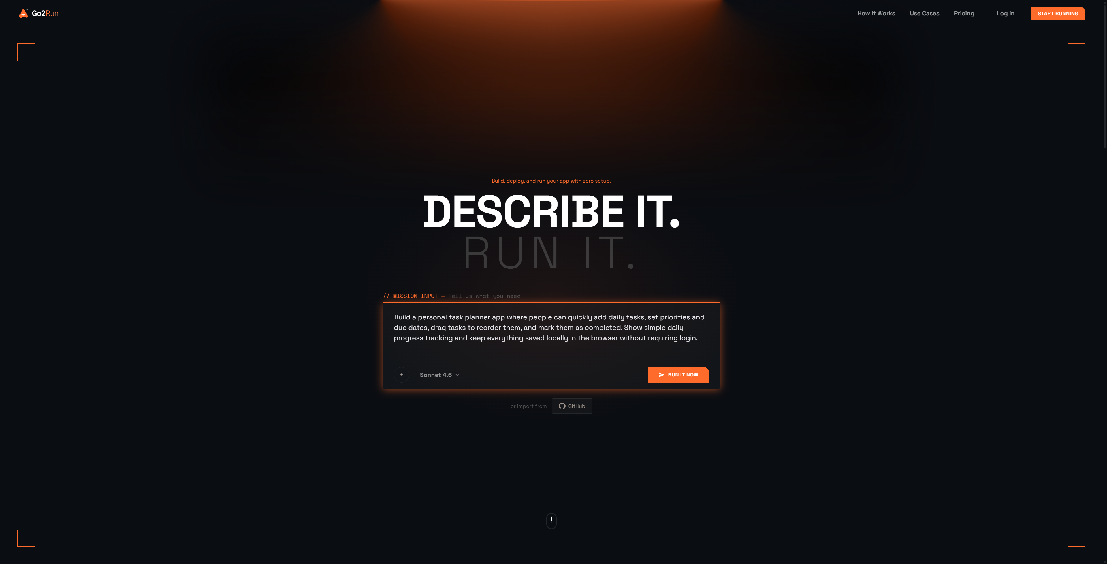 Prompt pasted into MISSION INPUT, ready to click RUN IT NOW