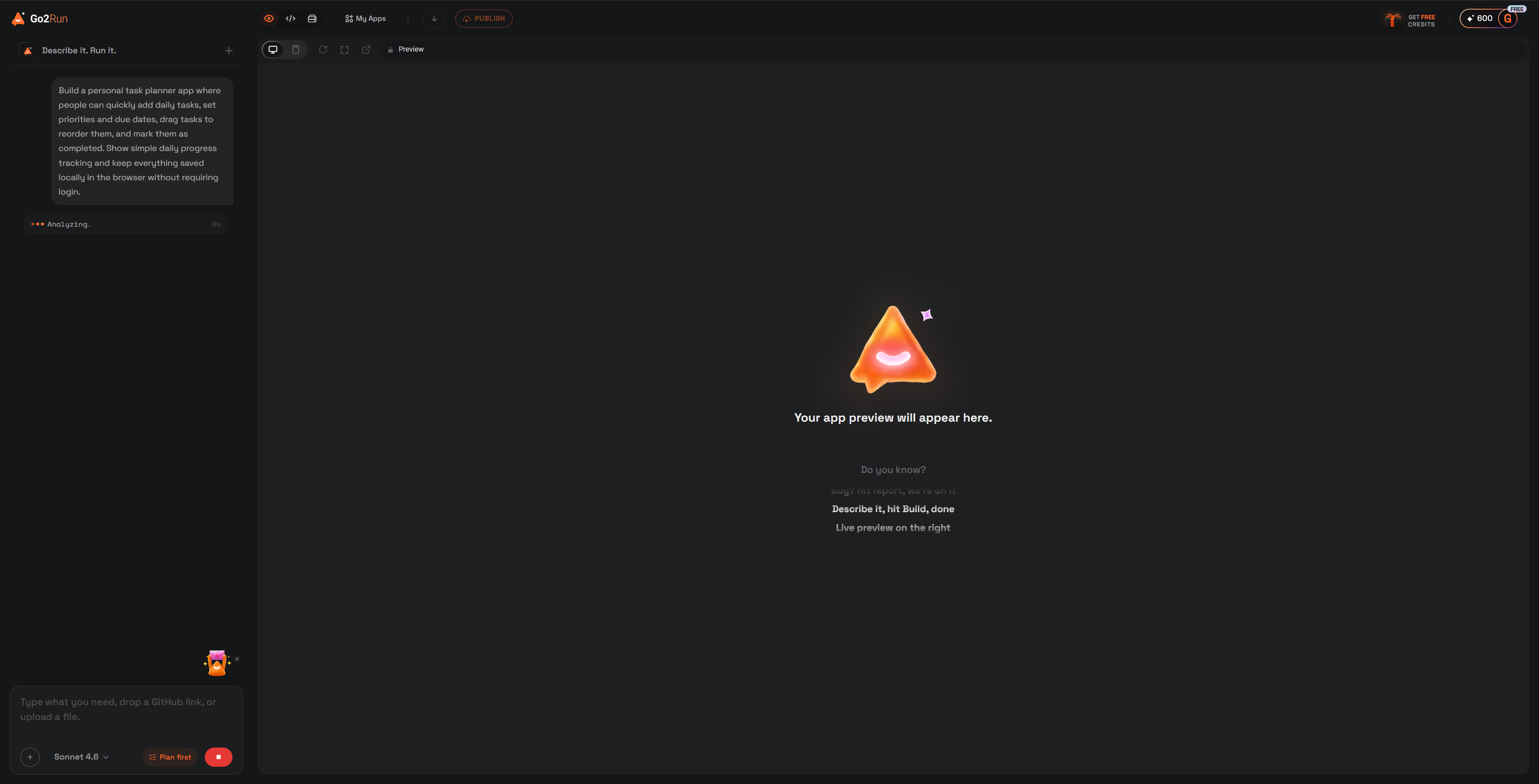 Project Editor — Analyzing on the left, build progress on the right