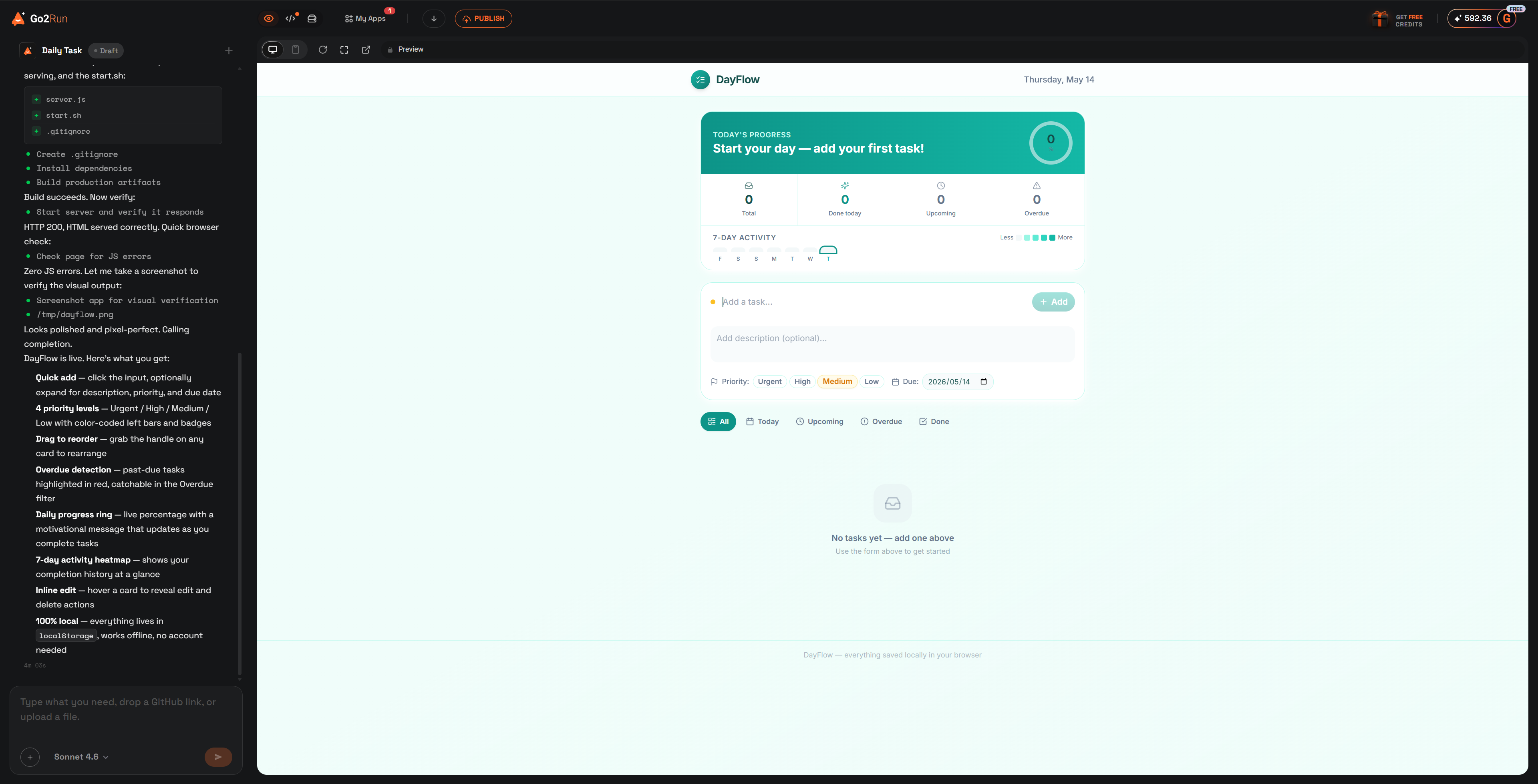 App running in Preview with the PUBLISH button at the top right