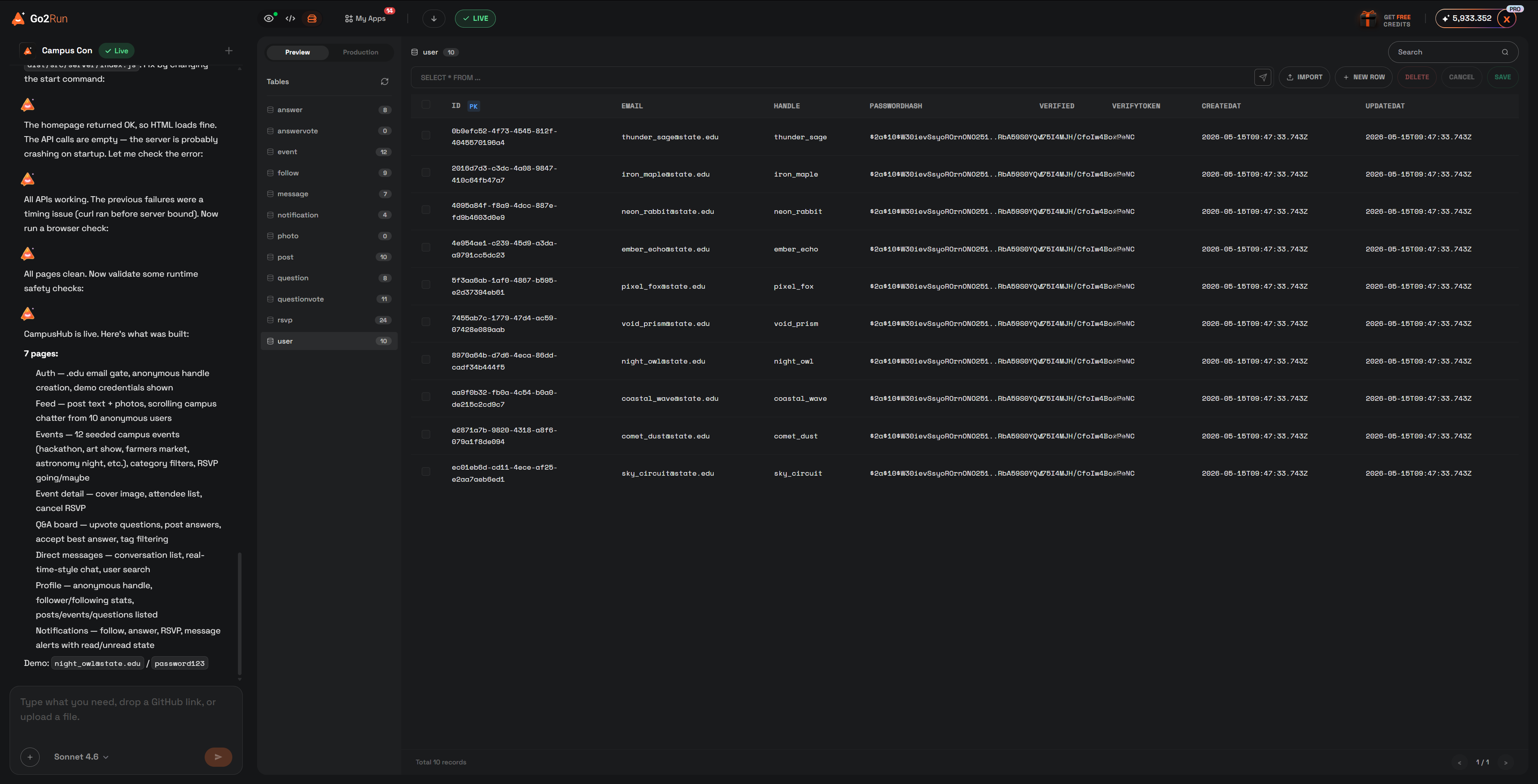Go2Run database panel showing tables and rows